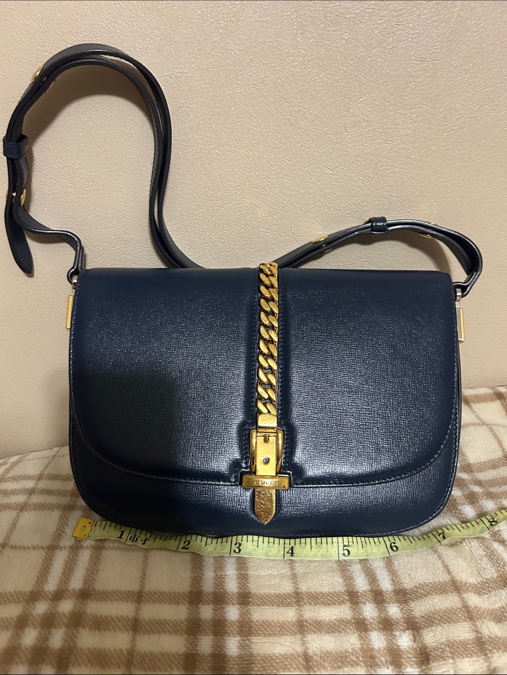 Gucci Dark Blue Leather Shoulder Bag with Gold Chain Detail
